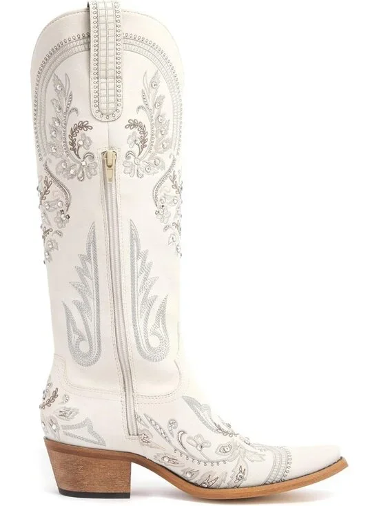 Women's Cream Embroidered Knee High Cowgirl Boots Pointed Toe Chunky Heel - Picture 3 of 7